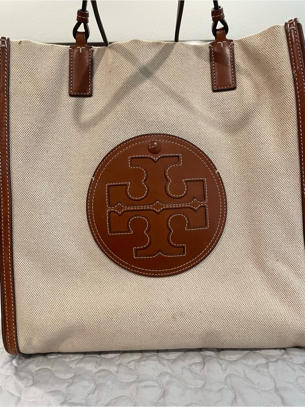 Tory Burch Beige Canvas Tote with Brown Leather Logo Trim